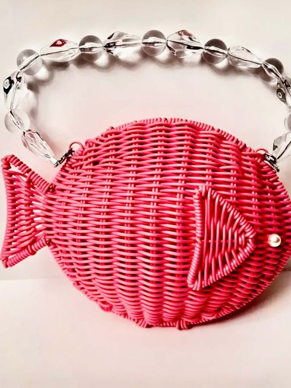 Tommy Bahama Pink Wicket Fish-Shaped Shoulder Bag with Beaded Handle - Picture 2 of 4